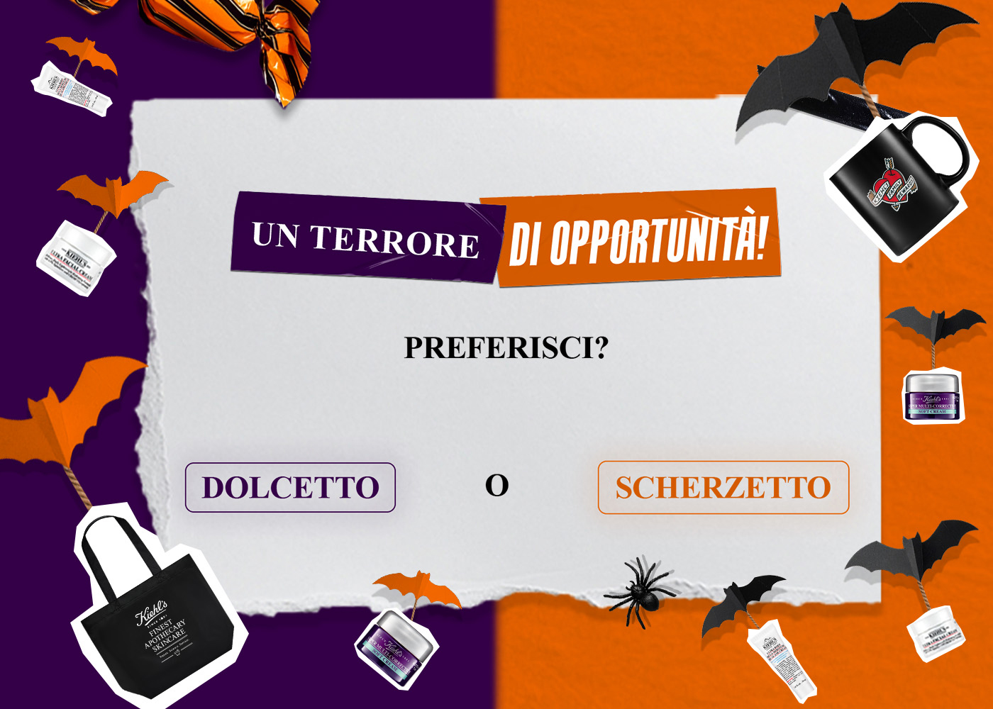 Grafica promozionale Kiehl’s a tema Halloween. Sullo sfondo arancione e viola con pipistrelli, caramelle e mini prodotti skincare, compare il testo “Un terrore di opportunità! -20% su tutto. Da 59€ scegli il tuo regalo tra codice DOLCETTO (tote bag e 3 mini-taglie) o codice SCHERZETTO (tazza e 3 mini-taglie)”