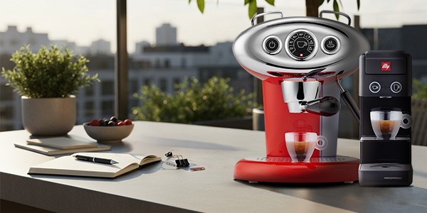 Can of illy coffee on a counter with a woman carrying an illy travel mug