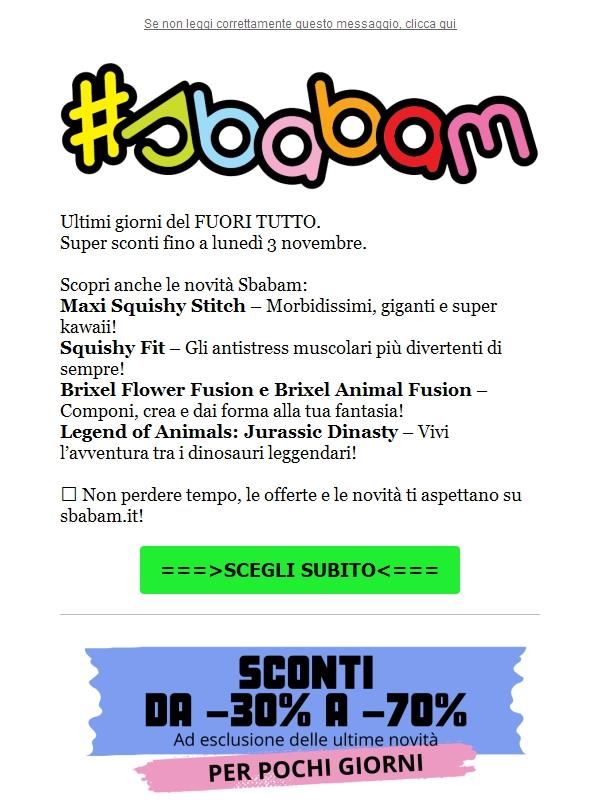 Fuori Tutto fino a lunedì 3 novembre sui giocattoli Sbabam
