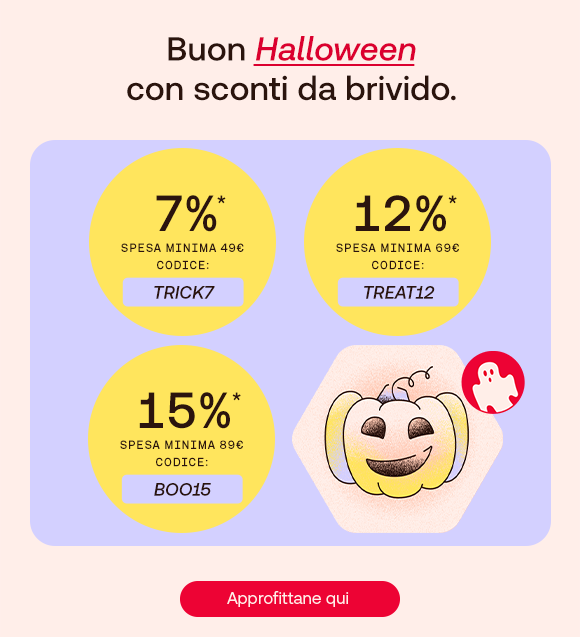 „Banner Halloween con tre cerchi gialli che mostrano codici sconto: 7% con codice TRICK7, 12% con codice TREAT12, 15% con codice BOO15. Illustrazione di zucca sorridente con fantasmino. Testo: ‘Buon Halloween con sconti da brivido.’ Pulsante rosso: Approfittane qui.“ „Banner Halloween con tre cerchi gialli che mostrano codici sconto: 7% con codice TRICK7, 12% con codice TREAT12, 15% con codice BOO15. Illustrazione di zucca sorridente con fantasmino. Testo: ‘Buon Halloween con sconti da brivido.’ Pulsante rosso: Approfittane qui.“