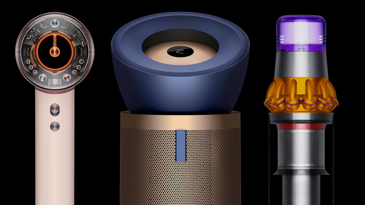 A selection of Dyson machines, including air purifiers, cordless vacuums and hair styling devices.