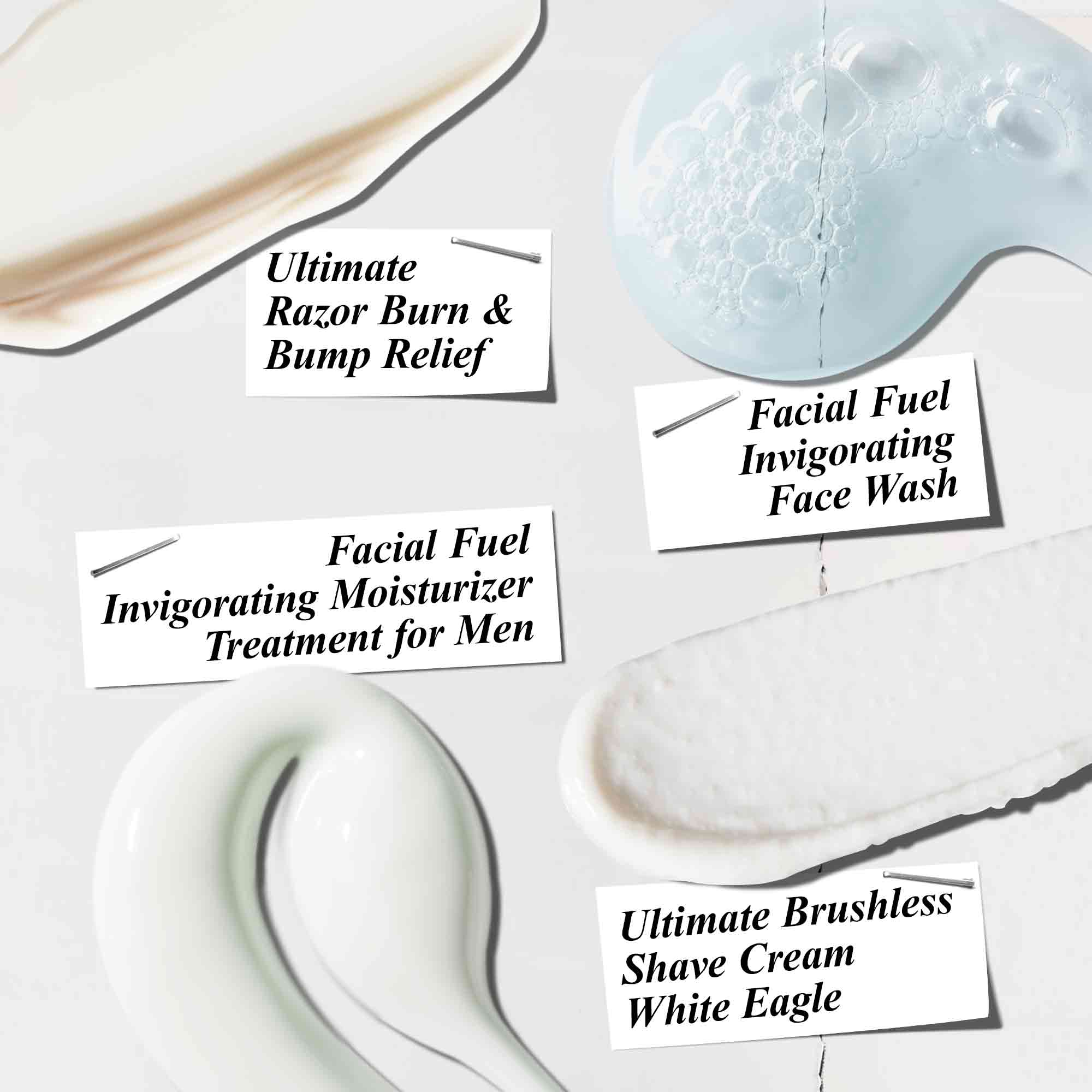 Dettaglio delle texture dei prodotti The Grooming Collection Kiehl’s: detergente, crema da barba, dopobarba e idratante, ognuna con etichetta identificativa.