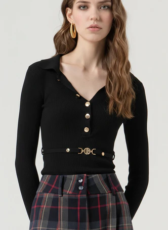 Body Slim in Maglia a Costine / Nero