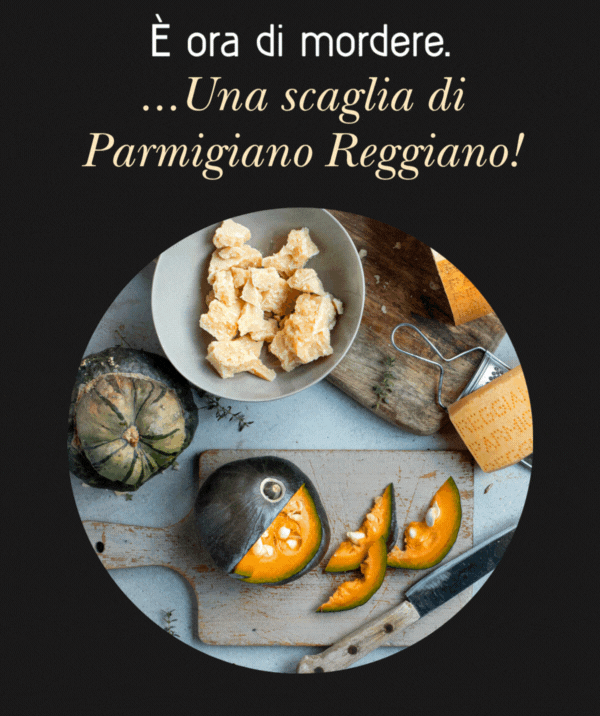 È ora di mordere. ...Una scaglia di Parmigiano Reggiano!