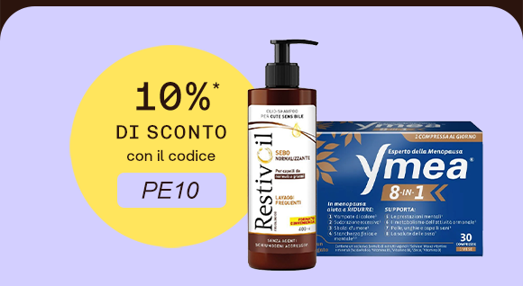 „Banner con prodotti RestivOil Siero Normalizzante e Ymea 8 in 1. Bollino giallo con testo: ‘10% di sconto con il codice PE10’. Sfondo lilla con bordi scuri.“