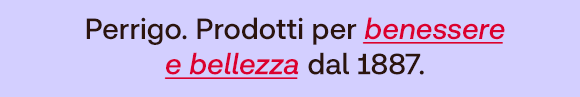 „Testo su sfondo lilla: Perrigo. Prodotti per benessere e bellezza dal 1887.“
