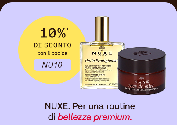 „Banner NUXE: prodotti Huile Prodigieuse e Rêve de Miel con bollino giallo ‘10% di sconto con il codice NU10’. Testo: ‘NUXE. Per una routine di bellezza premium.’“