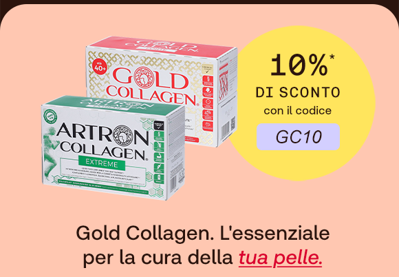 „Banner Gold Collagen: confezioni di Gold Collagen e Artron Collagen Extreme con bollino giallo ‘10% di sconto con il codice GC10’. Testo: ‘Gold Collagen. L’essenziale per la cura della tua pelle.’ Sfondo salmone con bordi scuri.“
