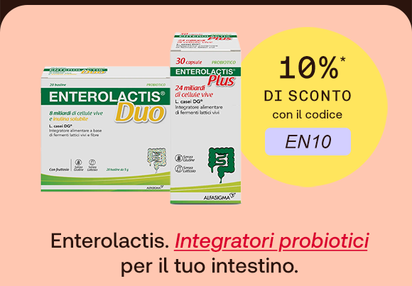 „Banner Enterolactis: confezioni di Enterolactis Duo e Enterolactis Plus. Bollino giallo con testo: ‘10% di sconto con il codice EN10’. Testo: ‘Enterolactis. Integratori probiotici per il tuo intestino.’ Sfondo salmone con bordi scuri.“