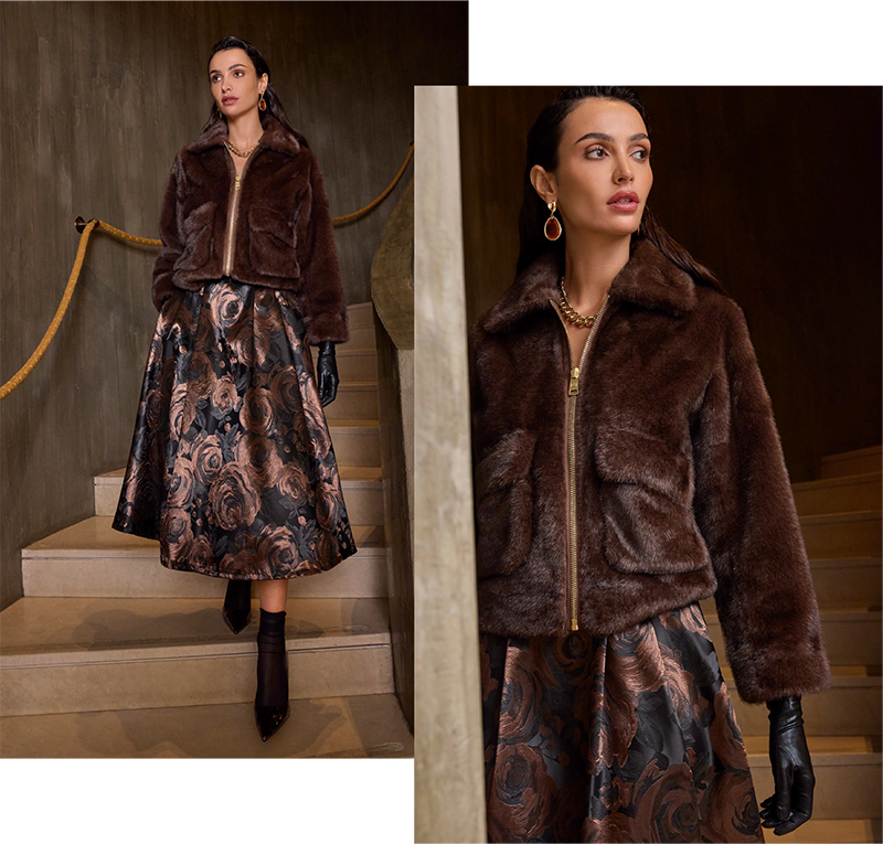 Giacca Corta effetto Pelliccia Marrone