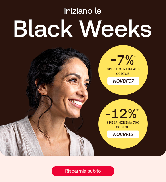 „Donna sorridente su sfondo nero. Testo: ‘Iniziano le Black Weeks.’ Bollini gialli con codici sconto: 7% con NOVBF07 e 12% con NOVBF12. Pulsante rosso: Risparmia subito.“