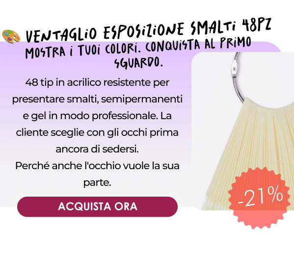 🎨 VENTAGLIO ESPOSIZIONE SMALTI 48 PZ Mostra i tuoi colori. Conquista al primo sguardo. 48 tip in acrilico resistente per presentare smalti, semipermanenti e gel in modo professionale. La cliente sceglie con gli occhi prima ancora di sedersi. Perché anche l'occhio vuole la sua parte.
