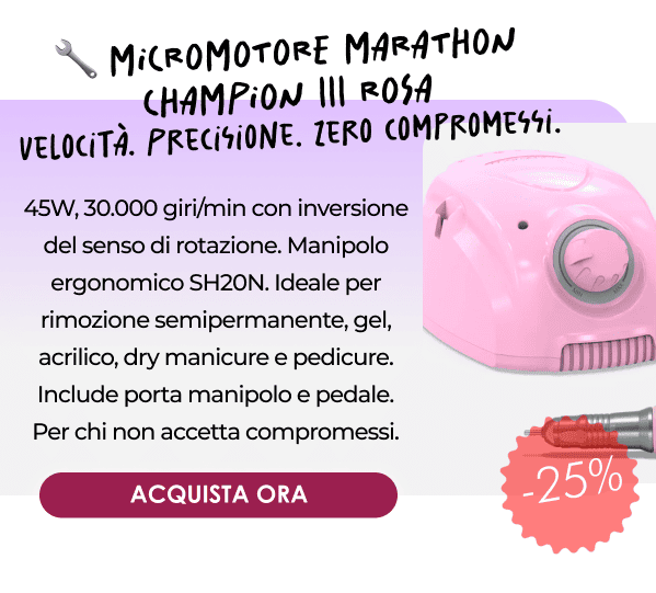 🔧 MICROMOTORE MARATHON CHAMPION III ROSA Velocità. Precisione. Zero compromessi. 45W, 30.000 giri/min con inversione del senso di rotazione. Manipolo ergonomico SH20N. Ideale per rimozione semipermanente, gel, acrilico, dry manicure e pedicure. Include porta manipolo e pedale.
