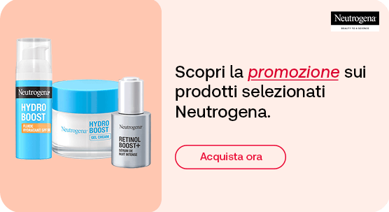 „Banner Neutrogena: prodotti Hydro Boost e Retinol Boost+ disposti su sfondo rosa chiaro. Testo: ‘Scopri la promozione sui prodotti selezionati Neutrogena.’ Pulsante rosso: Acquista ora.“