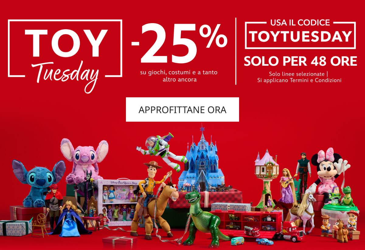 TOY Tuesday | -25% su giochi, costumi e a tanto altro | USA IL CODICE: TOYTUESDAY | SOLO PER 48 ORE | Solo linee selezionate | Si applicano Termini e Condizioni | APPROFITTANE ORA