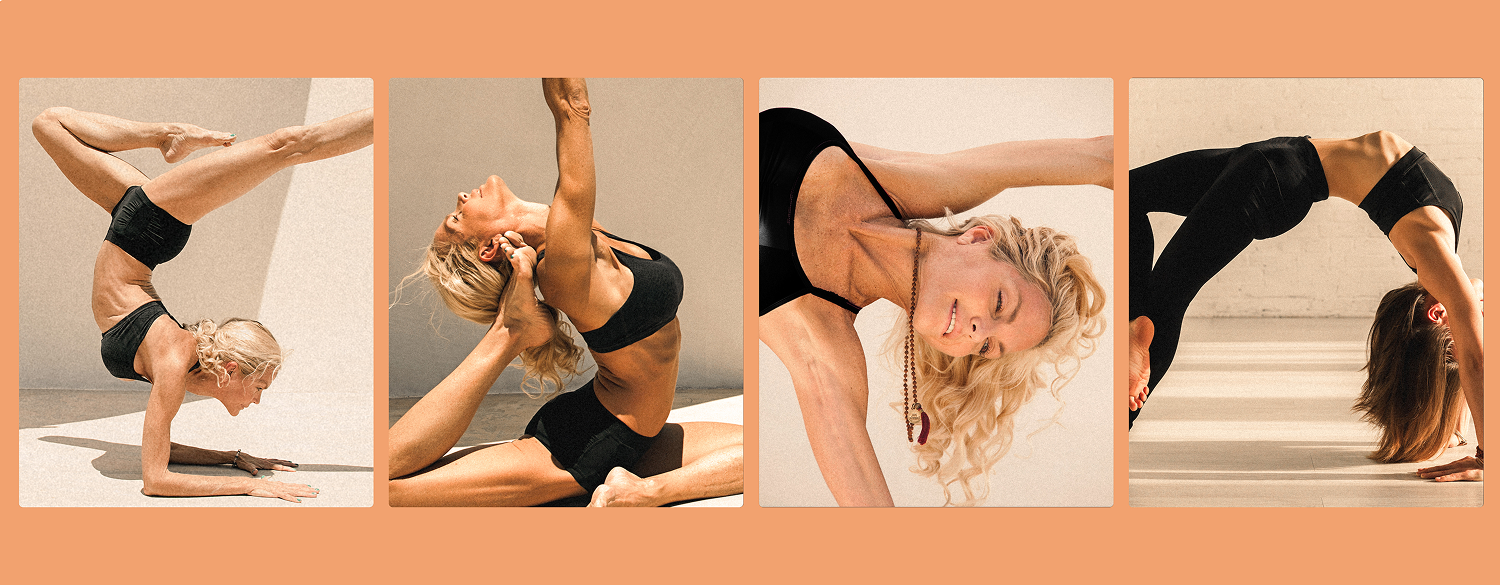 alt="Quattro immagini di una donna che esegue pose yoga alla calda luce del sole su uno sfondo color pesca, esprimendo forza, equilibrio e flessibilità.»