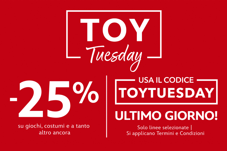 - 25% su giochi, costumi e a tanto altro ancora Usa il codice: TOYTUESDAY ULTIMO GIORNO! Solo linee selezionate | Si applicano Termini e Condizioni