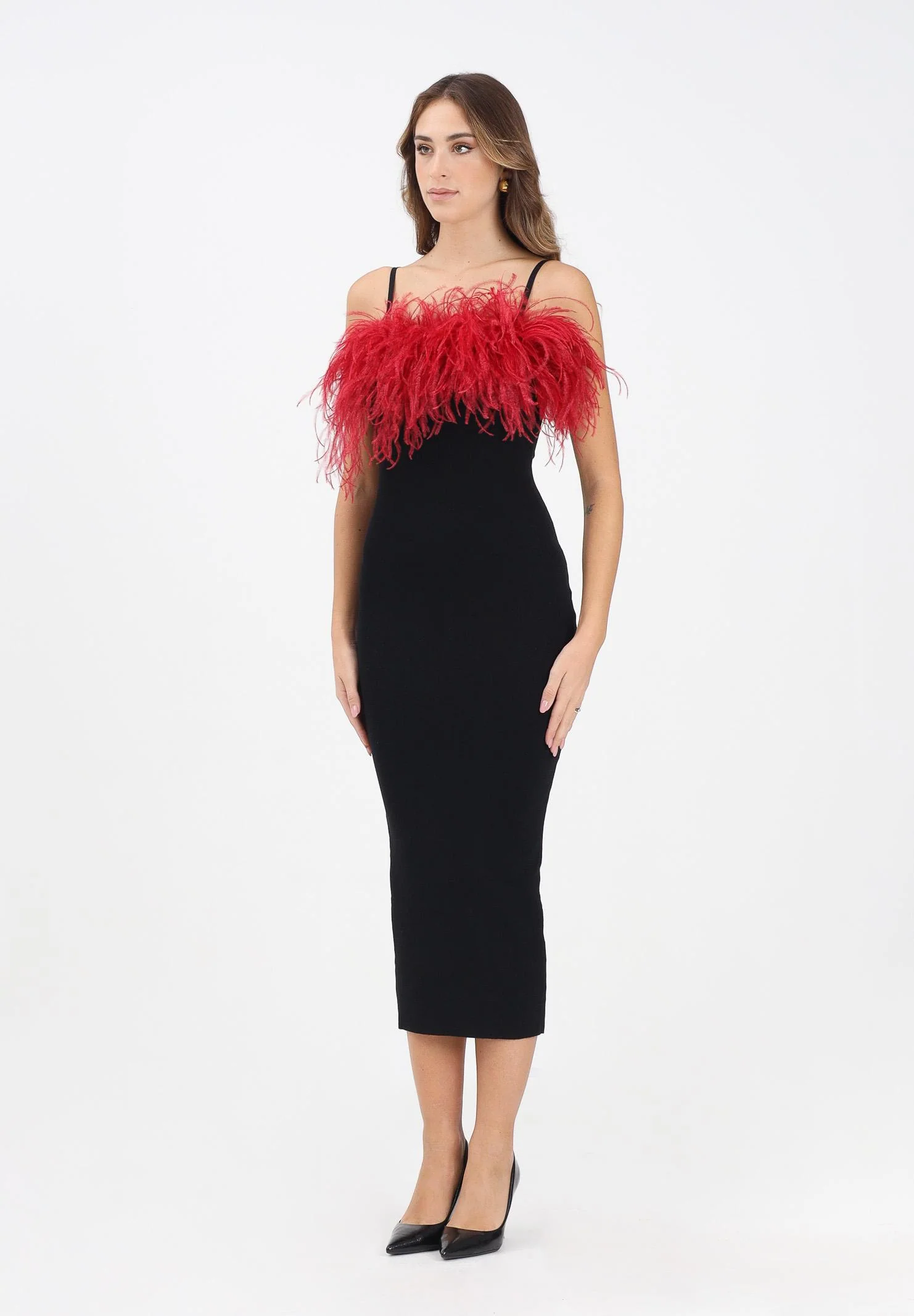 Image of NOELL MAGGINI Abito midi nero da donna con piume bordeaux