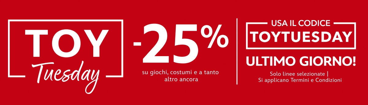 - 25% su giochi, costumi e a tanto altro ancora Usa il codice: TOYTUESDAY ULTIMO GIORNO! Solo linee selezionate | Si applicano Termini e Condizioni