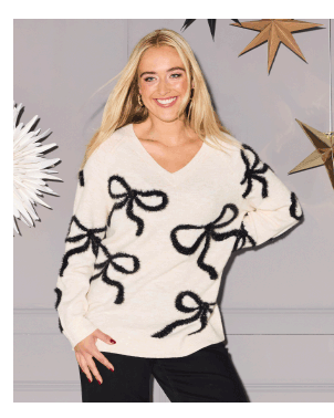 Maglione con fiocchi brillanti, scollo a V e maniche lunghe