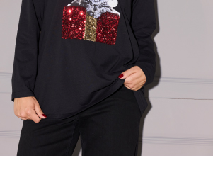 Maglia dal taglio svasato con gatto, paillettes, scollo a V e maniche lunghe