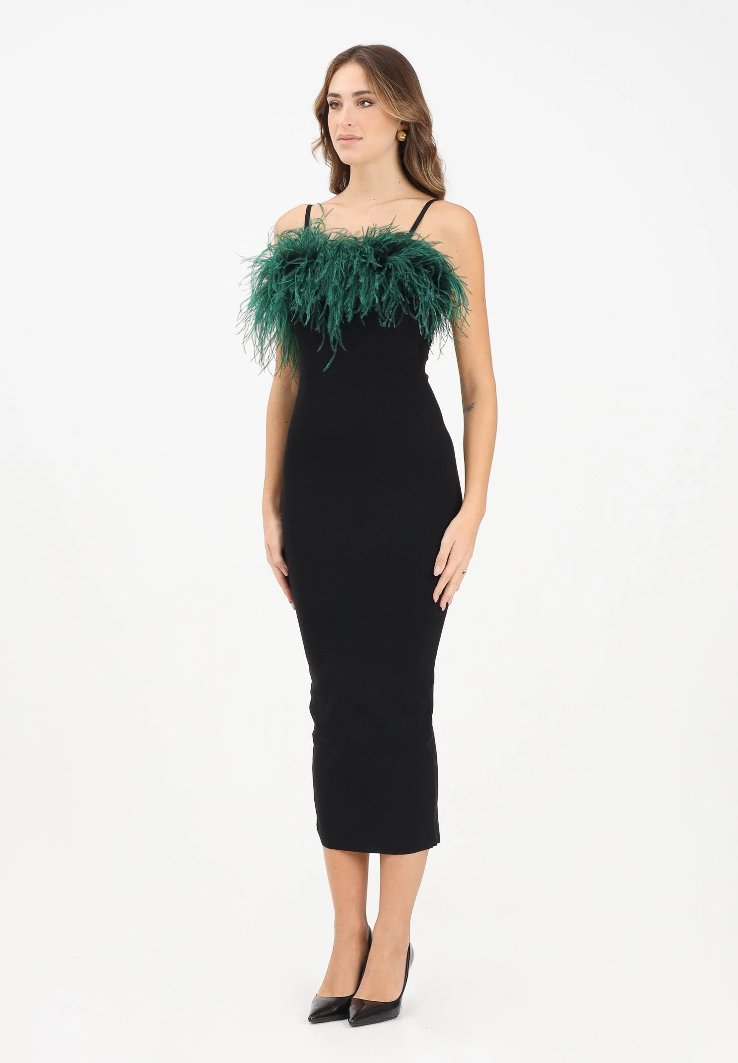 Image of NOELL MAGGINI Abito midi nero da donna con piume verdi