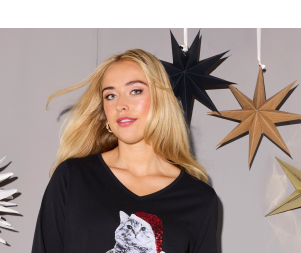 Maglia dal taglio svasato con gatto, paillettes, scollo a V e maniche lunghe