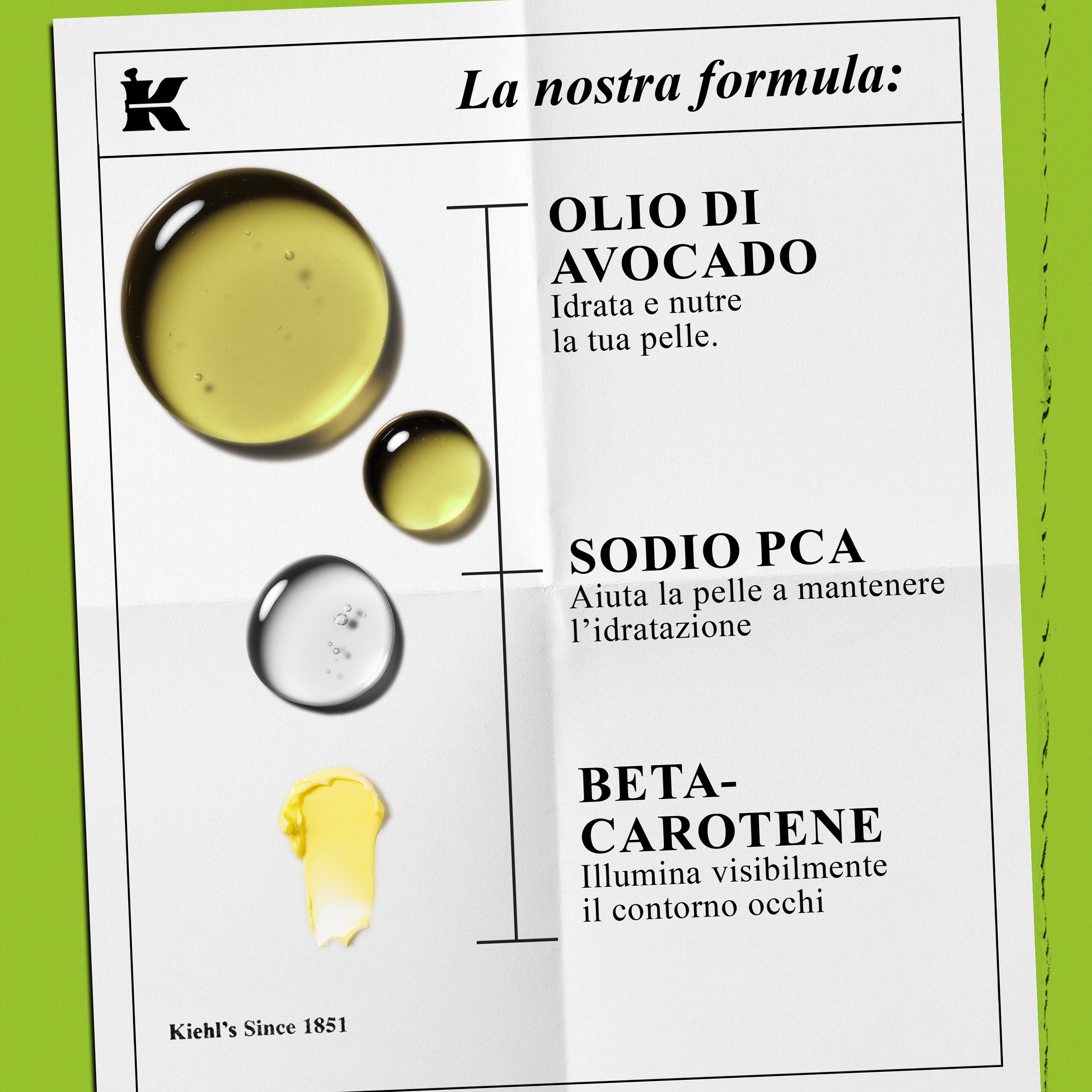 Tre texture di ingredienti — olio di avocado, goccia trasparente di sodio PCA e crema gialla di beta-carotene — disposte verticalmente su carta bianca con testo descrittivo “La nostra formula”. Sfondo verde brillante.