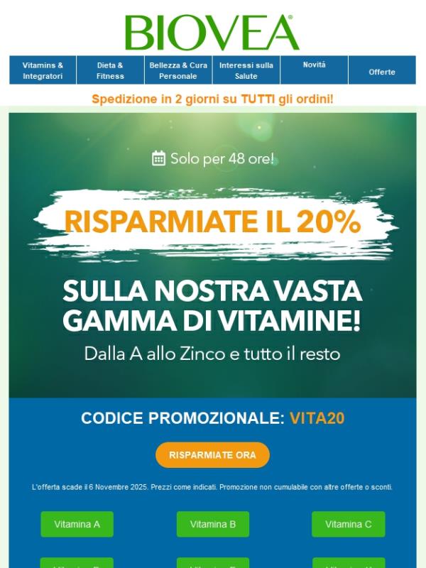 Risparmiate il 20% sulla nostra vasta gamma di vitamine!