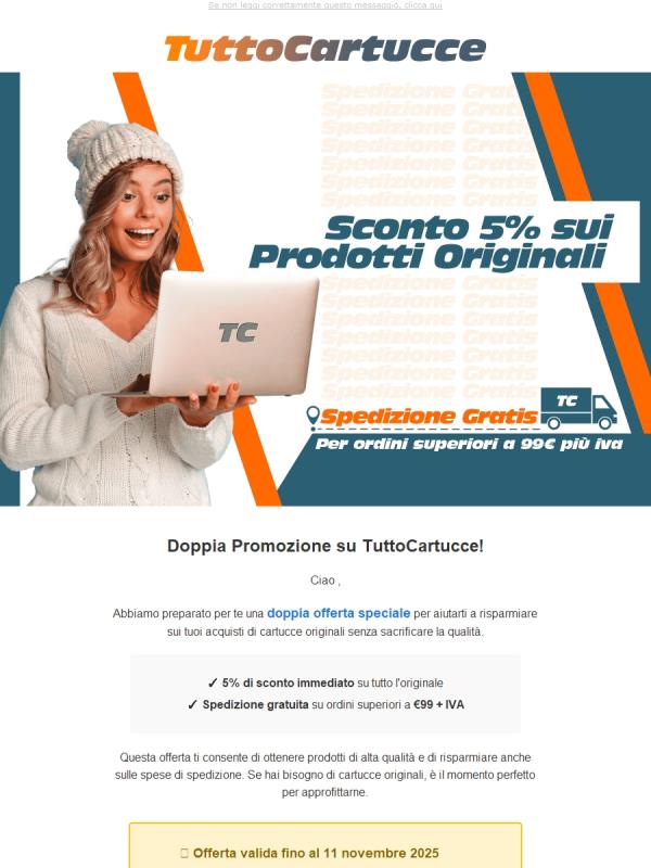 Su tuttocartucce.com : Sconto 5% su tutto l'originale + Spese gratis da €99+iva di materiale ! Approfittane