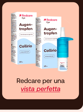 „Banner con confezioni Redcare Collirio Augen Tropfen. Testo: ‘Redcare per una vista perfetta.’ Sfondo salmone con cornice marrone.“ „Banner con confezioni Redcare Collirio Augen Tropfen. Testo: ‘Redcare per una vista perfetta.’ Sfondo salmone con cornice marrone.“