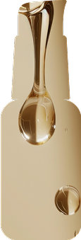 alt="Goccia dorata di liquido che scivola su un cucchiaio su uno sfondo beige lucido a forma di flacone con pompa liposomiale.»