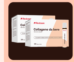„Banner con confezioni Redcare Collagene da bere. Sfondo marrone scuro con base rosa chiaro.“ „Banner con confezioni Redcare Collagene da bere. Sfondo marrone scuro con base rosa chiaro.“