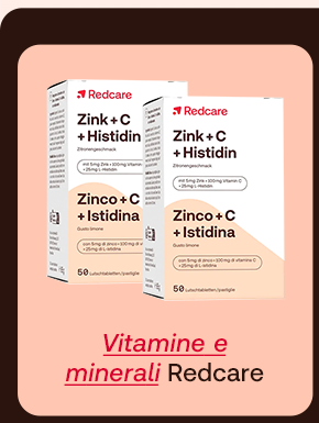 „Banner con confezioni Redcare Zink + C + Histidin. Testo: ‘Vitamine e minerali Redcare.’ Sfondo salmone con cornice scura.“ „Banner con confezioni Redcare Zink + C + Histidin. Testo: ‘Vitamine e minerali Redcare.’ Sfondo salmone con cornice scura.“
