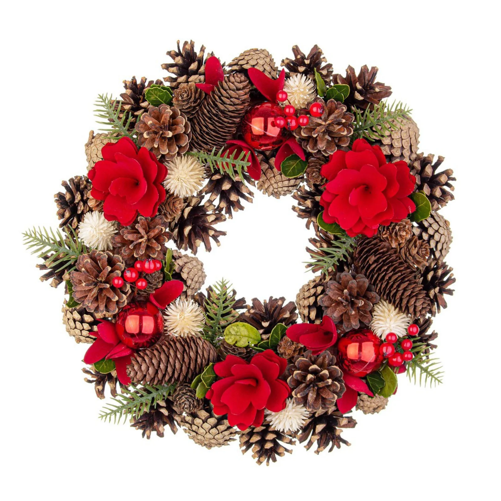 Corona natalizia "Alissa" di pigne e polisterolo, rosso-naturale