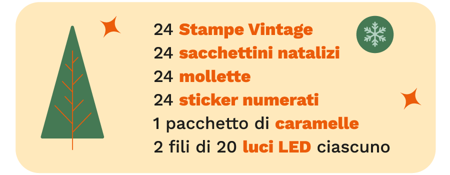 24 Stampe Vintage, 24 sacchettini natalizi, 24 mollette, 24 sticker numerati, 1 pacchetto di caramelle, 2 fili di 20 luci LED ciascuno