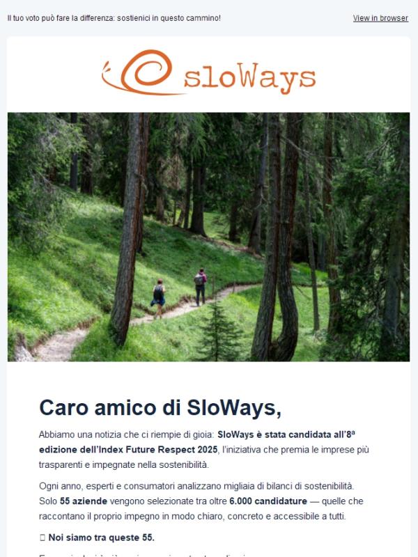 SloWays è candidata al Future Respect Index 2025 – sostienici con il tuo voto!