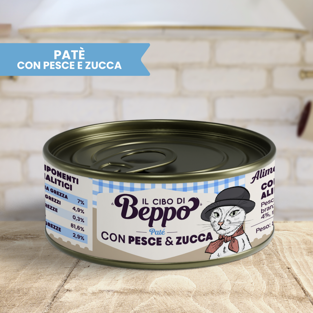 cibo di beppo umido per gatti in lattina paté pesce con zucca