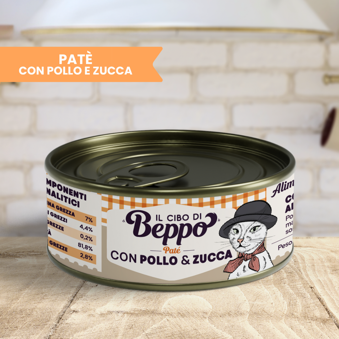 Cibo di Beppo umido in lattina paté pollo con zucca