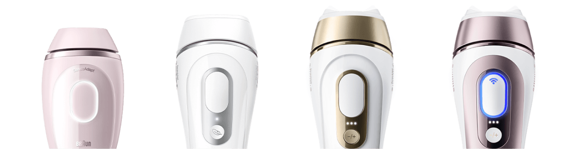 L’immagine mostra la luce pulsata mini, la silk-expert Pro 5 e la Smart Skin i-expert di Braun su sfondo nero.