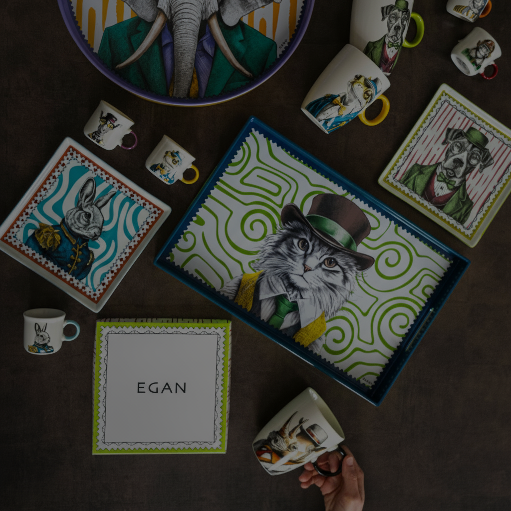 an image of a person holding a cup and a plate with a picture of an elephant