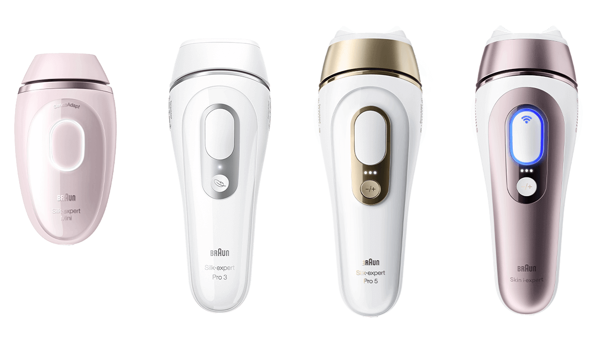 L’immagine mostra la luce pulsata mini, la silk-expert Pro 5 e la Smart Skin i-expert di Braun su sfondo nero.
