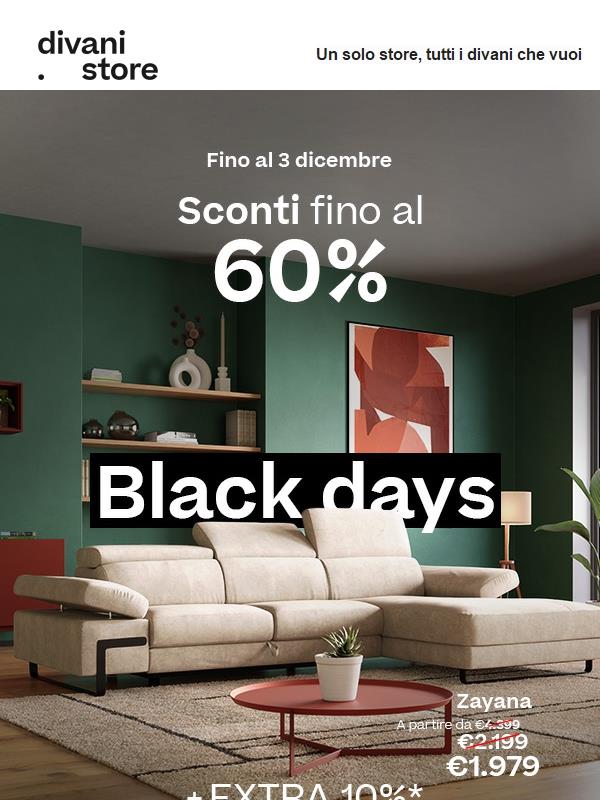 🔥 Black Days Divani.store – Sconti fino al 60% + EXTRA 10%! 🔥