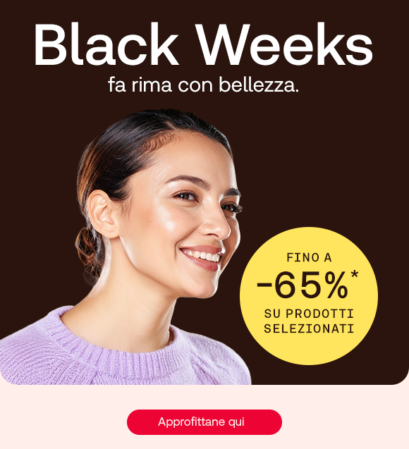 „Donna sorridente su sfondo nero. Testo: ‘Iniziano le Black Weeks.’ Bollini gialli con codici sconto: Fino a 65% su prodotti selezionati. Pulsante rosso: Approfittane qui.“ „Donna sorridente su sfondo nero. Testo: ‘Iniziano le Black Weeks.’ Bollini gialli con codici sconto: Fino a 65% su prodotti selezionati. Pulsante rosso: Approfittane qui.“
