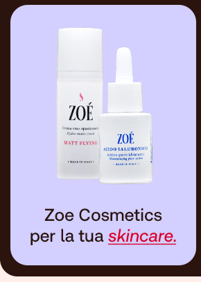 „Banner Zoé con prodotti Acido Ialuronico e crema Matt Flying. Testo: ‘Zoé Cosmetics per la tua skincare.’ Sfondo lilla con bordi scuri.“ „Banner Zoé con prodotti Acido Ialuronico e crema Matt Flying. Testo: ‘Zoé Cosmetics per la tua skincare.’ Sfondo lilla con bordi scuri.“