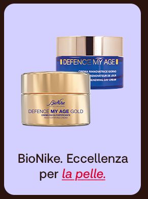 „Banner BioNike con creme Defence My Age Gold e Defence My Age. Testo: ‘BioNike. Eccellenza per la pelle.’ Sfondo lilla con cornice marrone.“ „Banner BioNike con creme Defence My Age Gold e Defence My Age. Testo: ‘BioNike. Eccellenza per la pelle.’ Sfondo lilla con cornice marrone.“