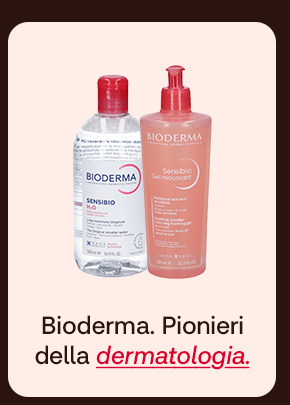 „Banner Bioderma con Sensibio H2O e Gel Moussant. Testo: ‘Bioderma. Pionieri della dermatologia.’ Sfondo beige con bordi marroni.“ „Banner Bioderma con Sensibio H2O e Gel Moussant. Testo: ‘Bioderma. Pionieri della dermatologia.’ Sfondo beige con bordi marroni.“