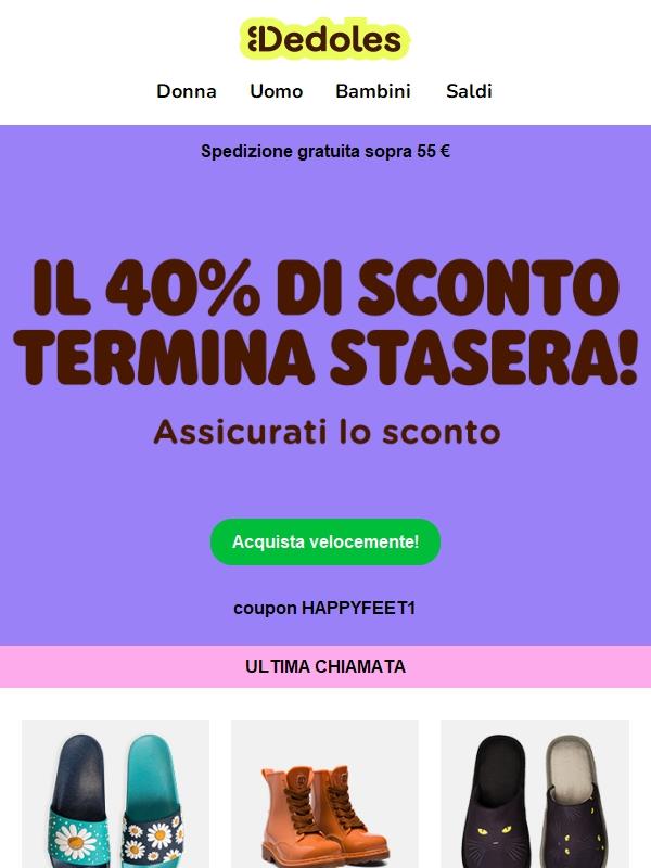 🚨 Ultime ore: lo sconto del 40% su tutte le calzature termina a MEZZANOTTE!