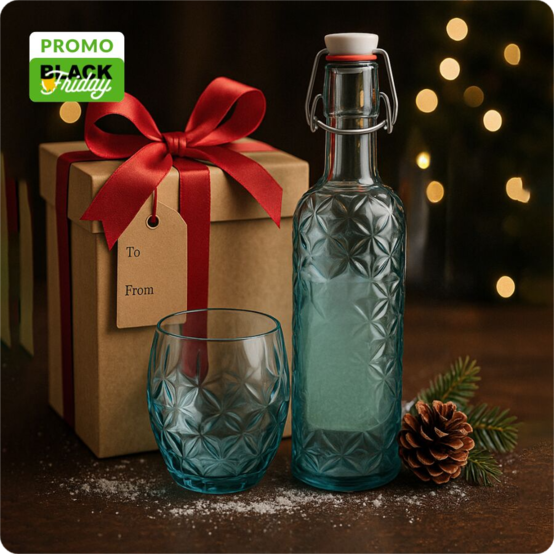 Blue Water Glass Set + Light Blue Glass Bottle “Oriente”