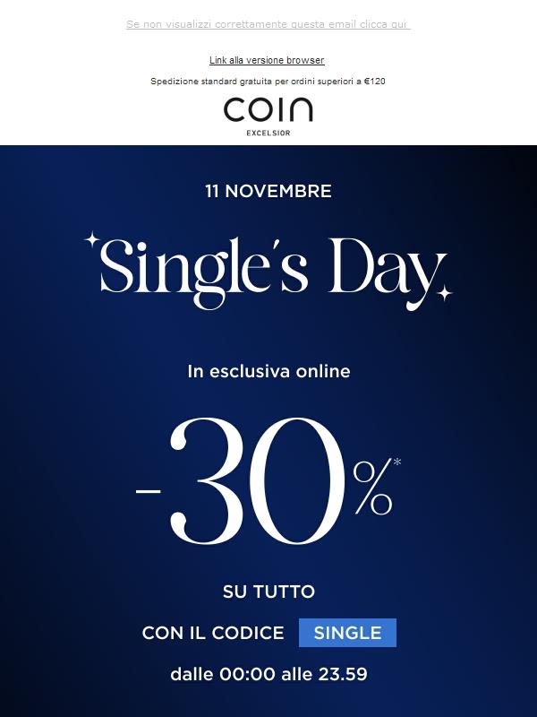 11.11 Singles’ Day: solo domani −30% su tutto Coincasa con codice SINGLE